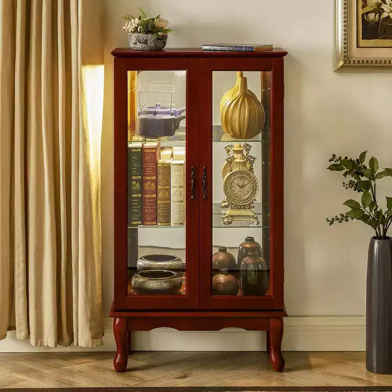 Glass Curio Cabinet with Adjustable Shelves, Tempered Glass Doors & Mirror Back, Modern Display Cabinet for Living Room Kitchen