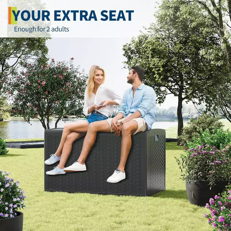 Coffre de rangement extérieur de 454 L, boîte de rangement verrouillable, organiseur de terrasse étanche en résine avec finition rotin, pour jardin et arrière-cour
