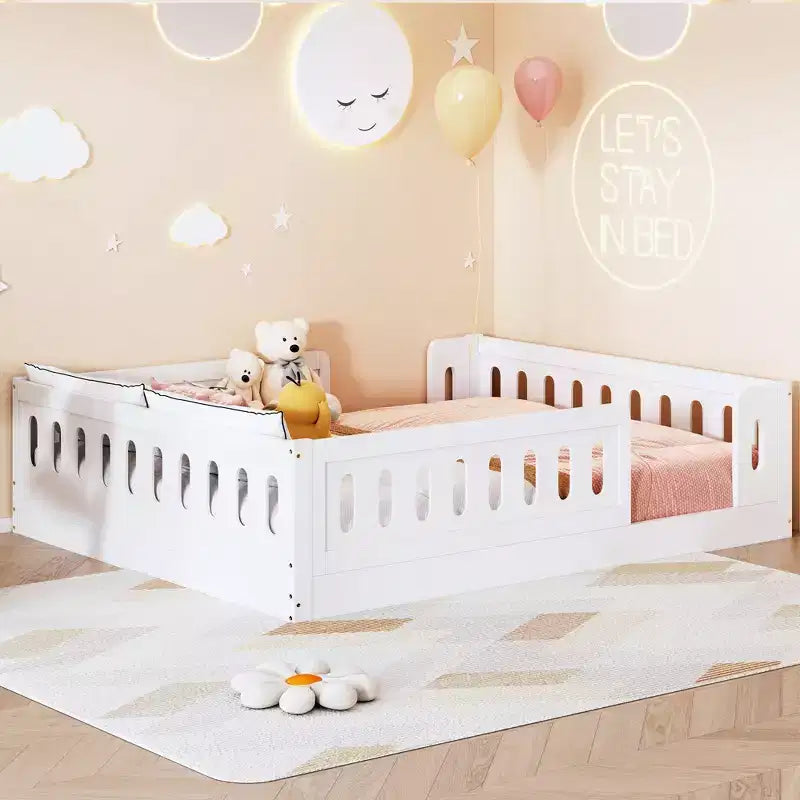 Lit de sol pleine grandeur avec barrière, lit Montessori en bois avec balustrades de sécurité pour garçons et filles