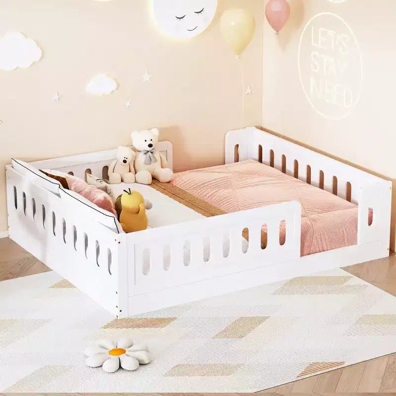 Lit de sol pleine grandeur avec barrière, lit Montessori en bois avec balustrades de sécurité pour garçons et filles