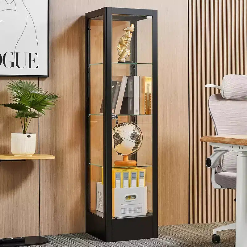 Vitrine d'exposition en verre à 4 niveaux avec serrure, vitrine 63 en verre trempé avec porte et étagères réglables