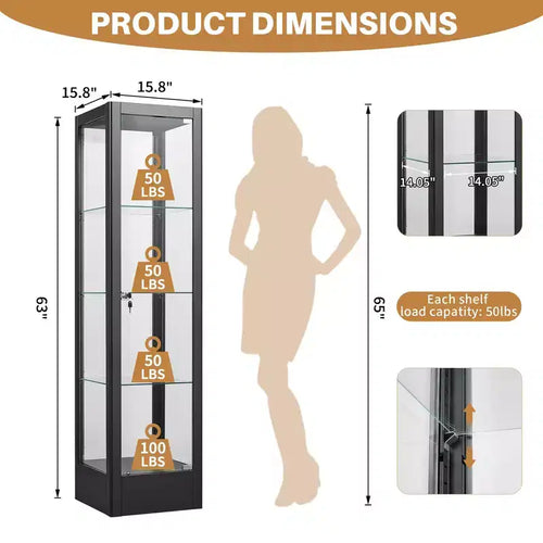 Vitrine d'exposition en verre à 4 niveaux avec serrure, vitrine 63 en verre trempé avec porte et étagères réglables