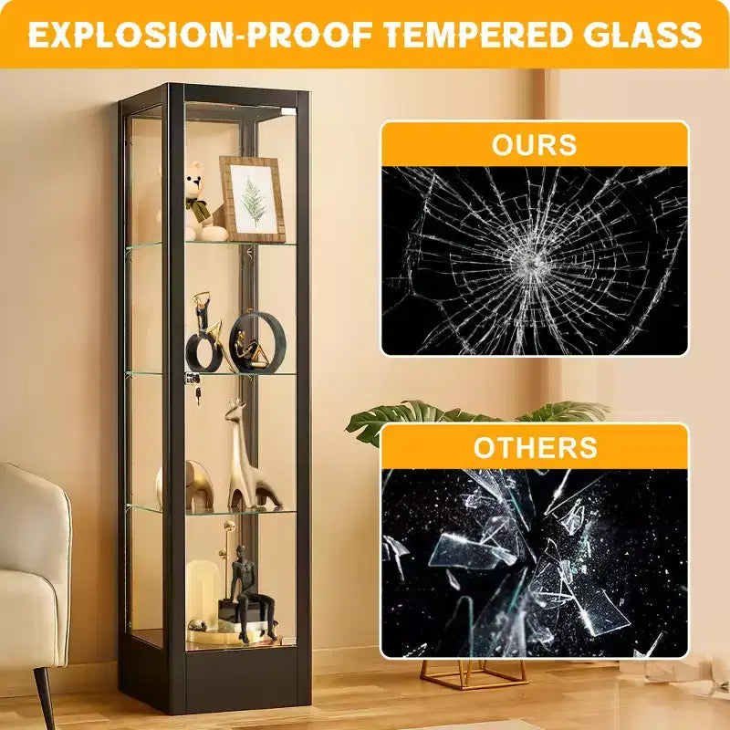 Vitrine d'exposition en verre à 4 niveaux avec serrure, vitrine 63 en verre trempé avec porte et étagères réglables