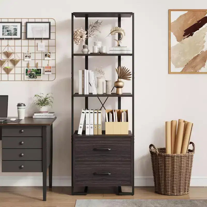 4 Tier Industrial Bookcase, X-Structure Stability With 2 Drawers, Ideal for Living Room, Bedroom, or Office
