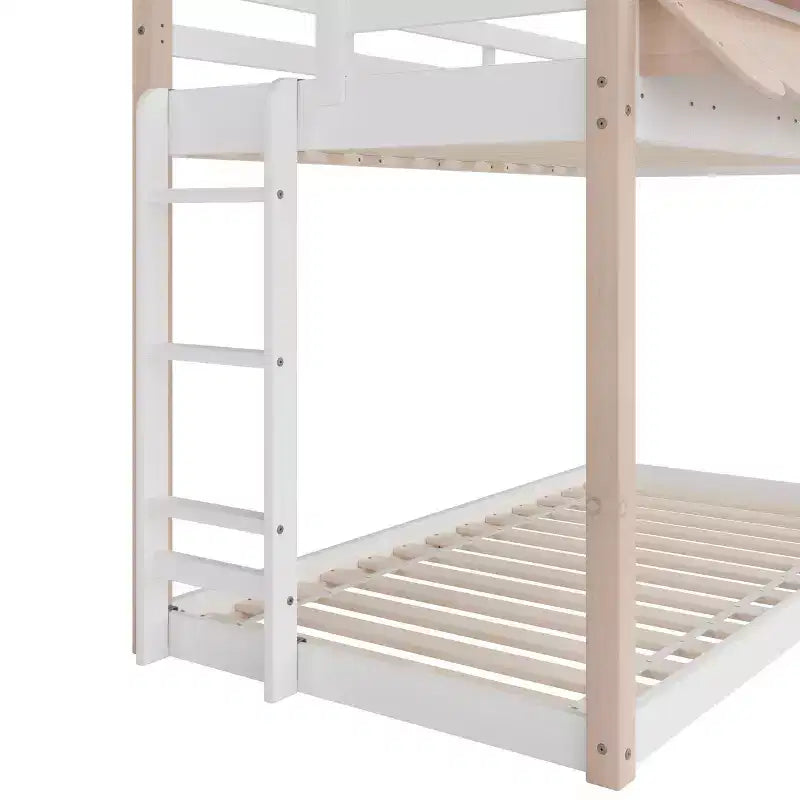Lit superposé cabane jumeau sur jumeau pour enfants, lit superposé Montessori bas en bois, échelle facile d'accès à la couchette supérieure