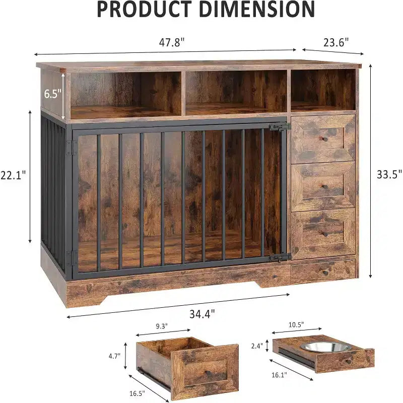 48Farmhouse Meuble Caisse pour Chien avec Gamelle Rétractable et Tiroirs de Rangement, Meuble Niche Robuste pour Chiens de Petite et Moyenne Taille, Utilisation Intérieure