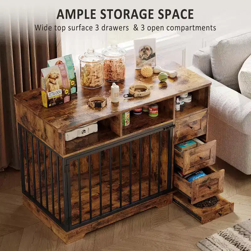 48Farmhouse Meuble Caisse pour Chien avec Gamelle Rétractable et Tiroirs de Rangement, Meuble Niche Robuste pour Chiens de Petite et Moyenne Taille, Utilisation Intérieure