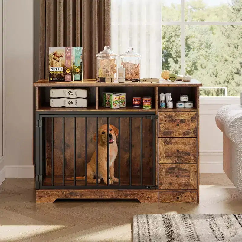 48Farmhouse Meuble Caisse pour Chien avec Gamelle Rétractable et Tiroirs de Rangement, Meuble Niche Robuste pour Chiens de Petite et Moyenne Taille, Utilisation Intérieure