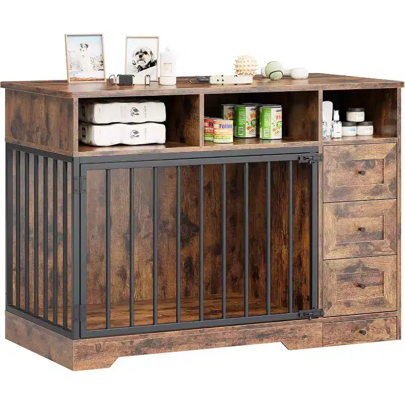 48Farmhouse Meuble Caisse pour Chien avec Gamelle Rétractable et Tiroirs de Rangement, Meuble Niche Robuste pour Chiens de Petite et Moyenne Taille, Utilisation Intérieure