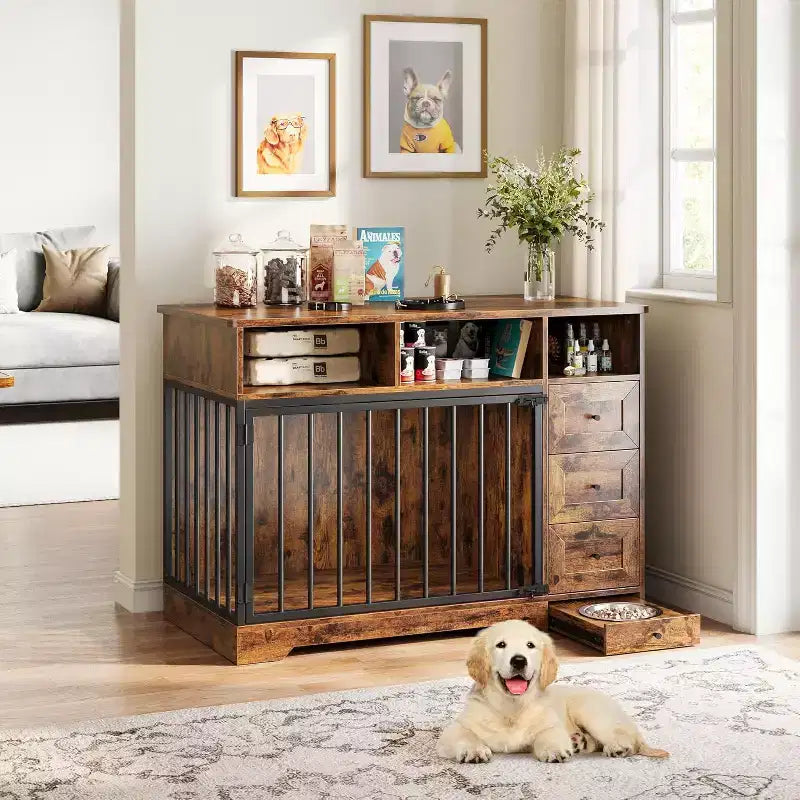 48Farmhouse Meuble Caisse pour Chien avec Gamelle Rétractable et Tiroirs de Rangement, Meuble Niche Robuste pour Chiens de Petite et Moyenne Taille, Utilisation Intérieure