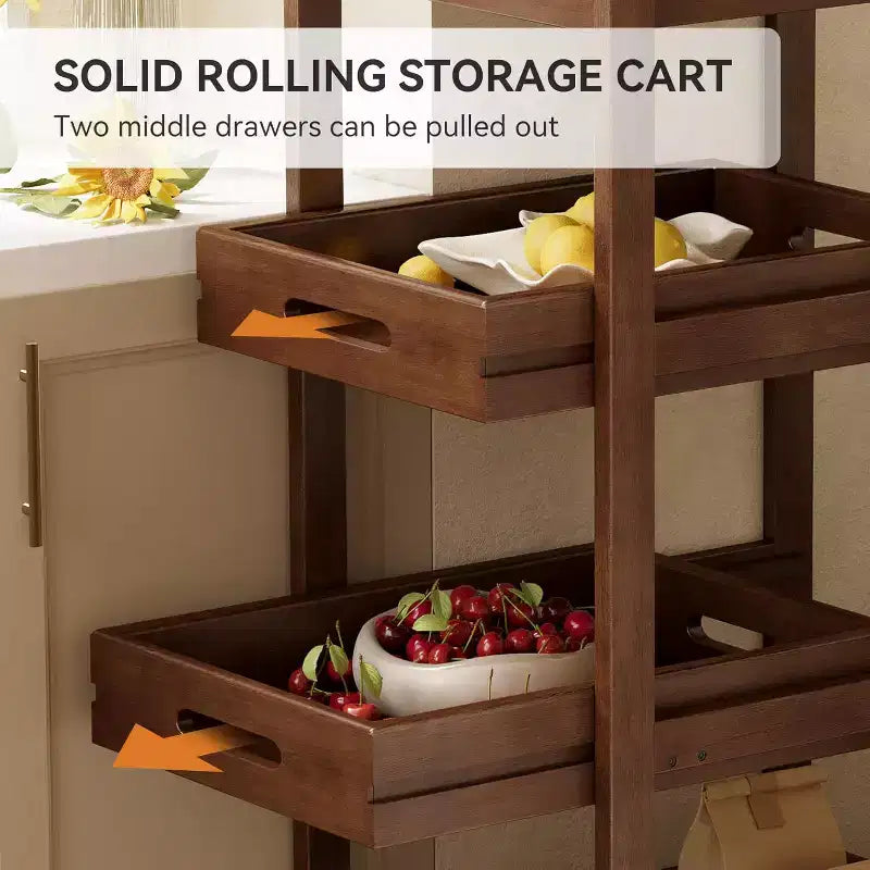 Chariot de rangement en bois massif, desserte roulante mince à 4 niveaux avec roues pour petits espaces, salon, salle à manger, buanderie, noyer