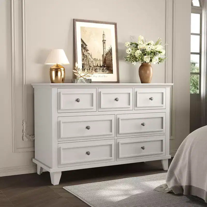 Commode 7 Tiroirs, Grande Commode en Bois avec Poignées Métalliques, Meuble de Rangement/Meuble TV pour Chambre, Salon, Entrée
