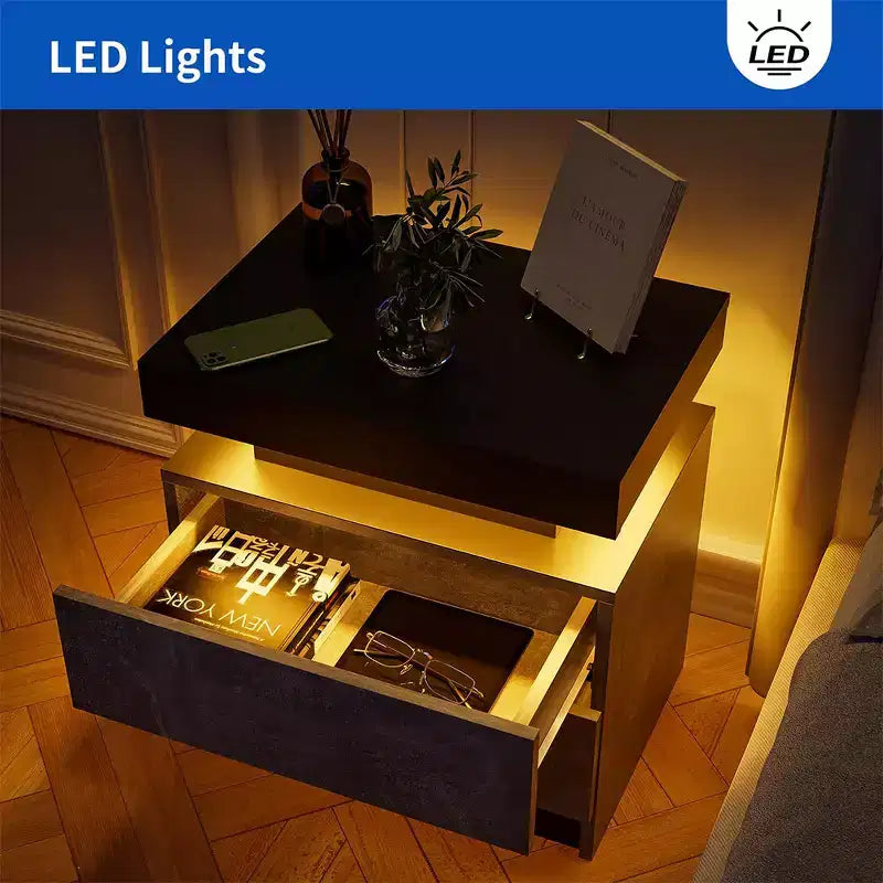 Table de chevet moderne avec 2 tiroirs et lumière LED, table d'appoint de chambre à coucher et de salon