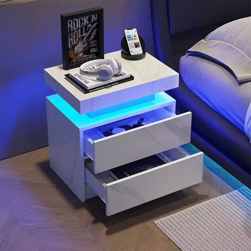 Table de chevet moderne avec 2 tiroirs et lumière LED, table d'appoint de chambre à coucher et de salon