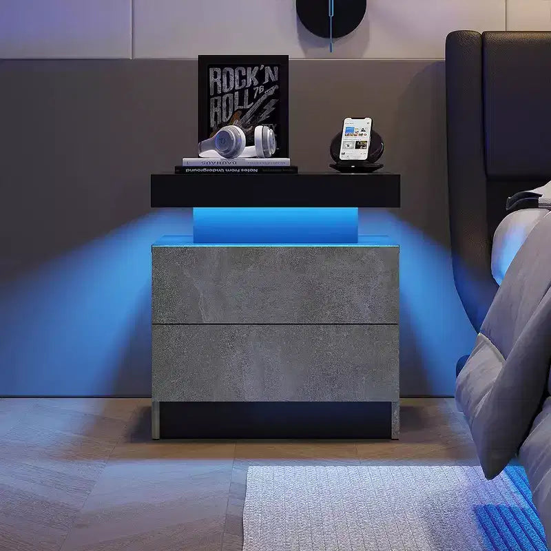 Table de chevet moderne avec 2 tiroirs et lumière LED, table d'appoint de chambre à coucher et de salon