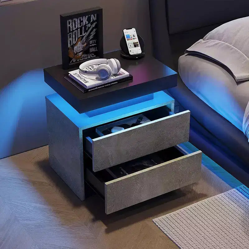 Table de chevet moderne avec 2 tiroirs et lumière LED, table d'appoint de chambre à coucher et de salon