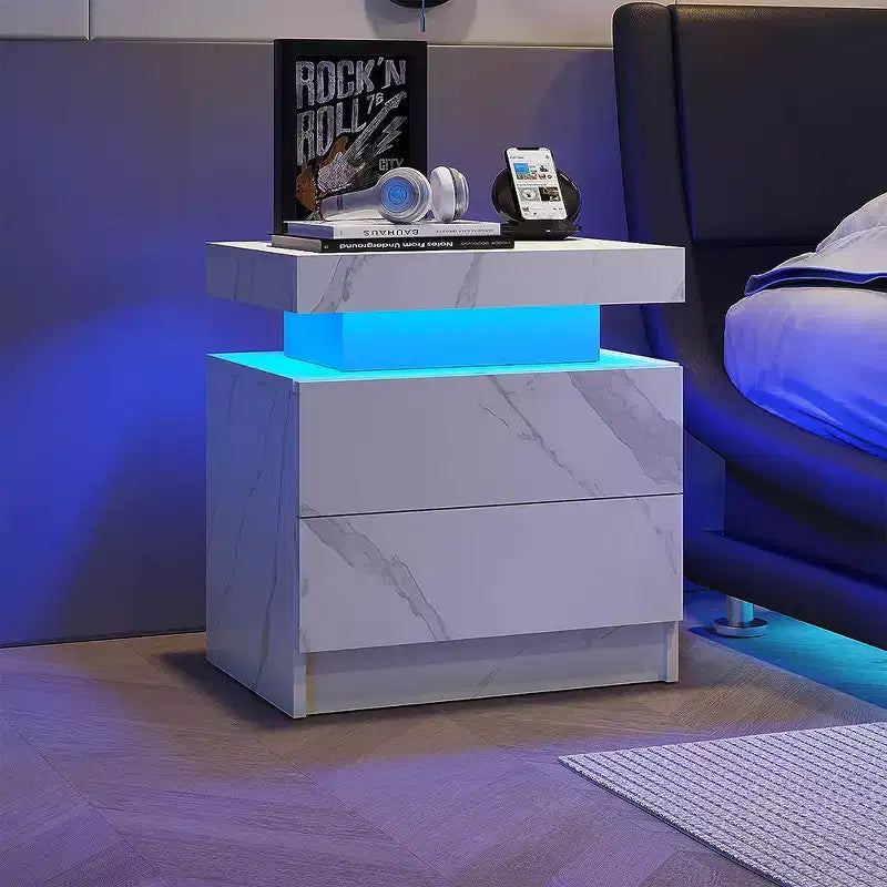 Table de chevet moderne avec 2 tiroirs et lumière LED, table d'appoint de chambre à coucher et de salon