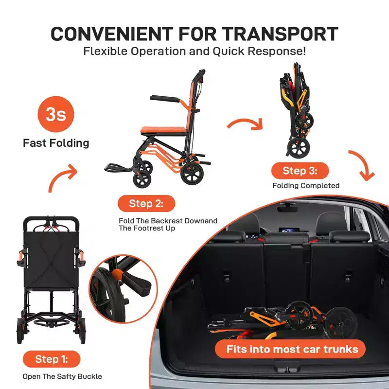 Fauteuil roulant de transport pliant ultra léger, supporte 100 kg, cadre en aluminium de 8 kg, siège de 41 cm, accoudoirs et repose-pieds amovibles, frein à main verrouillable