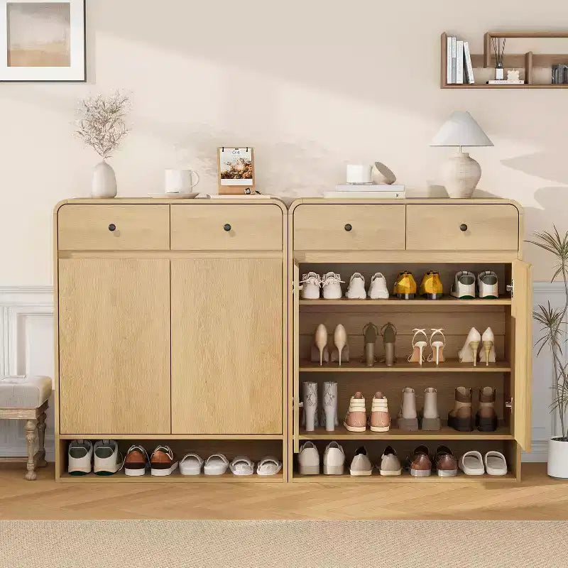 Meuble à chaussures avec 2 portes et 2 tiroirs, Organisateur d'entrée autoportant avec coins arrondis, Meuble de grande capacité pour couloir, salon