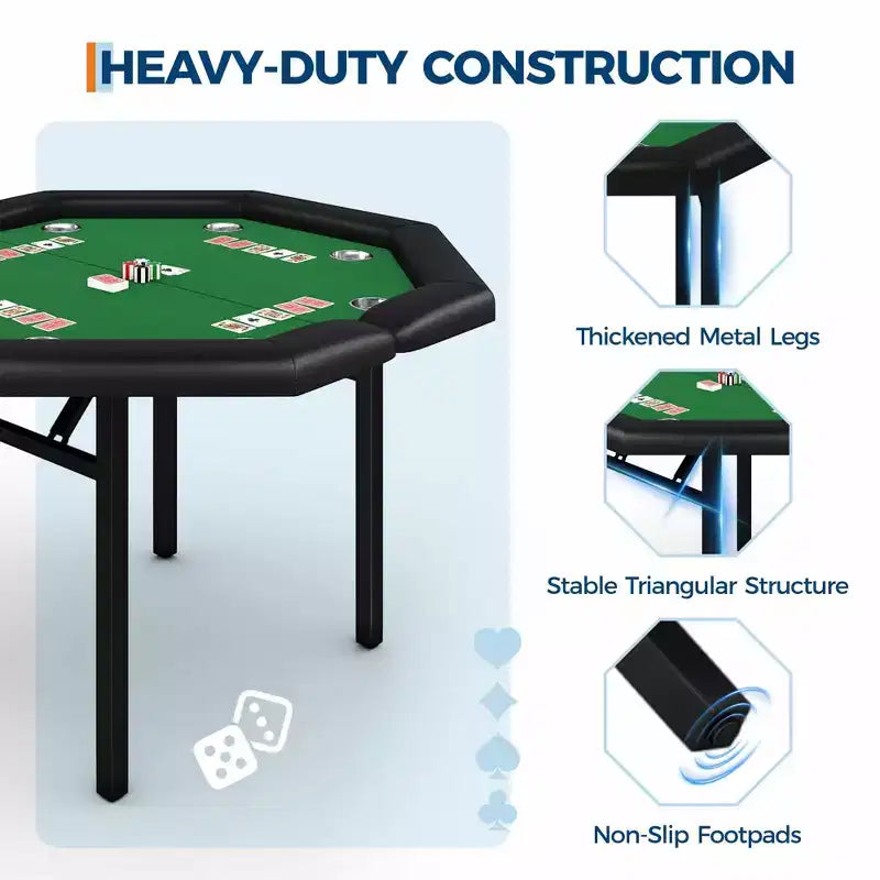 Table de poker pliante de 48 pouces, Table de jeu octogonale avec bords rembourrés, Porte-gobelets en acier inoxydable, Pieds repliables, 8 joueurs pour le Texas Hold'em