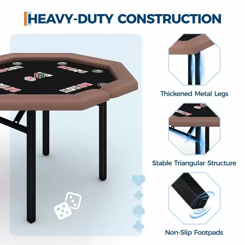 Table de poker pliante de 48 pouces, Table de jeu octogonale avec bords rembourrés, Porte-gobelets en acier inoxydable, Pieds repliables, 8 joueurs pour le Texas Hold'em