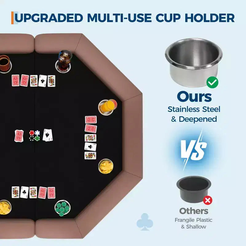 Table de poker pliante de 48 pouces, Table de jeu octogonale avec bords rembourrés, Porte-gobelets en acier inoxydable, Pieds repliables, 8 joueurs pour le Texas Hold'em
