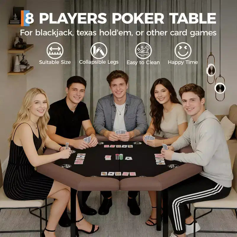 Table de poker pliante de 48 pouces, Table de jeu octogonale avec bords rembourrés, Porte-gobelets en acier inoxydable, Pieds repliables, 8 joueurs pour le Texas Hold'em