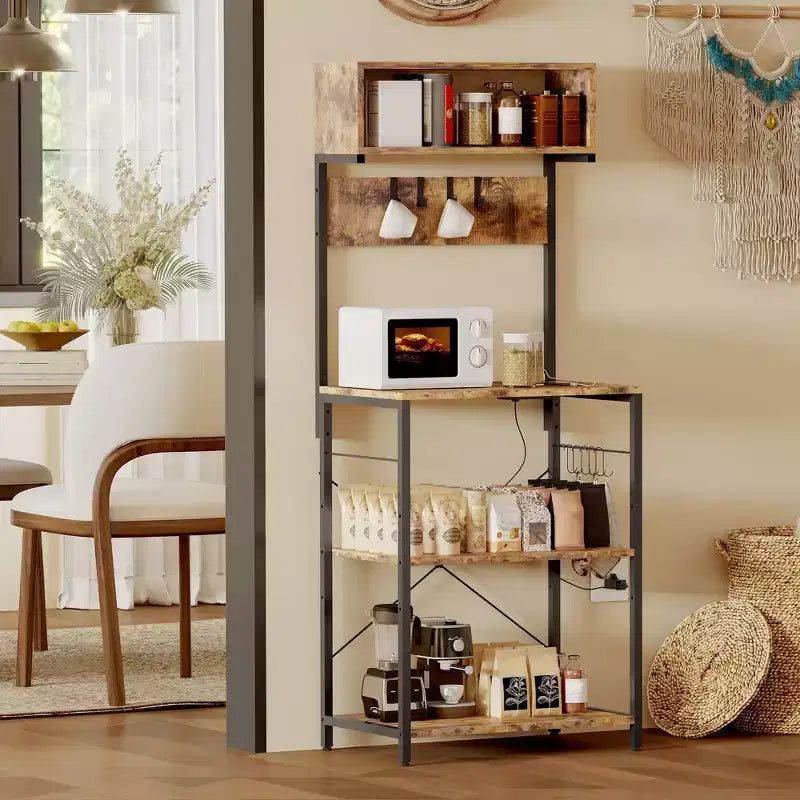 Étagère de cuisine à 4 niveaux, support de micro-ondes industriel avec 10 crochets, station de café et étagère de rangement utilitaire pour salle à manger, montage facile