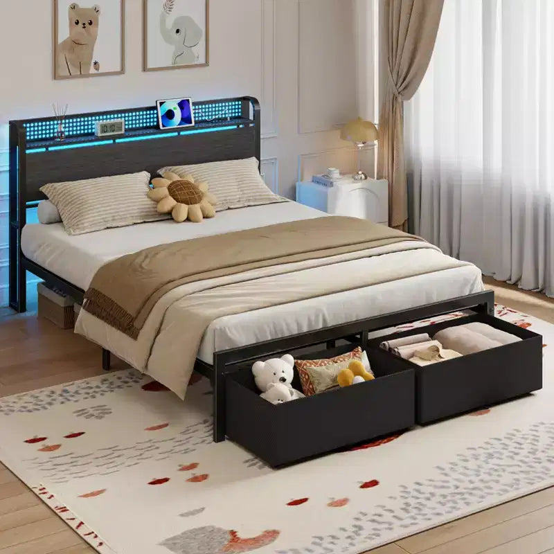 Cadre de lit plateforme Queen avec 2 tiroirs de rangement Tête de lit Lumières LED Station de recharge Métal Bois robuste Pas besoin de sommier Chambre d'amis USB
