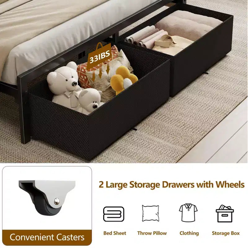 Cadre de lit plateforme Queen avec 2 tiroirs de rangement Tête de lit Lumières LED Station de recharge Métal Bois robuste Pas besoin de sommier Chambre d'amis USB