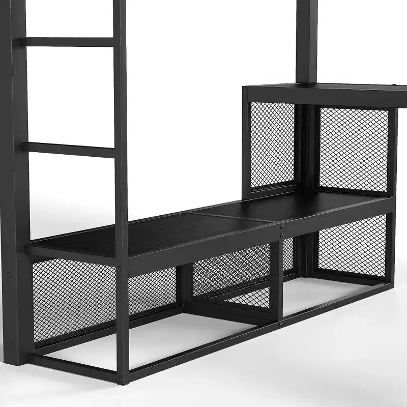 Lit mezzanine Queen en métal avec bureau, étagères de rangement et tringle à vêtements, cadre de lit mezzanine peu encombrant avec garde-corps et échelle, sans sommier tapissier, noir