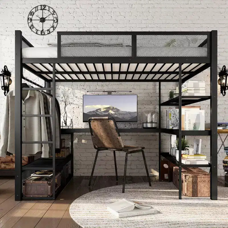 Lit mezzanine Queen en métal avec bureau, étagères de rangement et tringle à vêtements, cadre de lit mezzanine peu encombrant avec garde-corps et échelle, sans sommier tapissier, noir