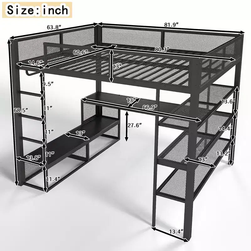 Lit mezzanine Queen en métal avec bureau, étagères de rangement et tringle à vêtements, cadre de lit mezzanine peu encombrant avec garde-corps et échelle, sans sommier tapissier, noir