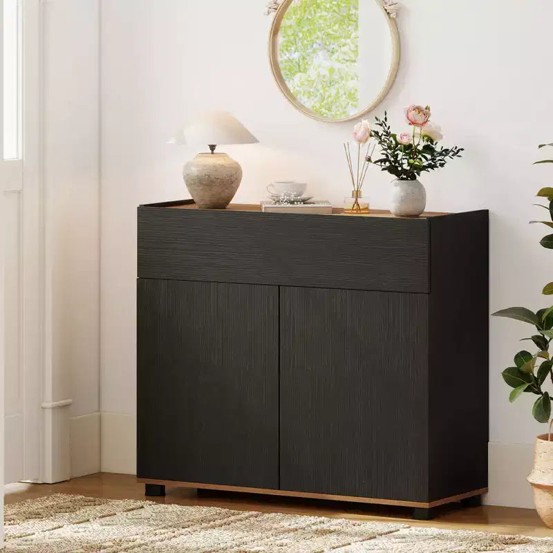 Buffet de salle à manger avec rangement, tiroir et portes à ouverture par simple pression pour cuisine Noir/Blanc