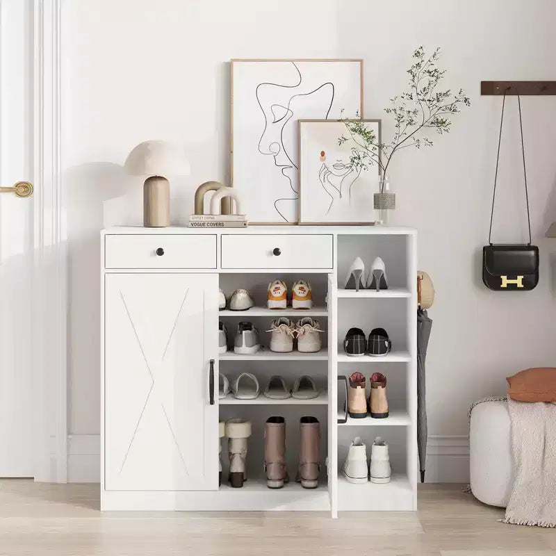 Meuble de rangement pour chaussures de ferme de 39 po avec portes de grange et tiroirs, organisateur de chaussures d'entrée avec étagères réglables et rangement ouvert