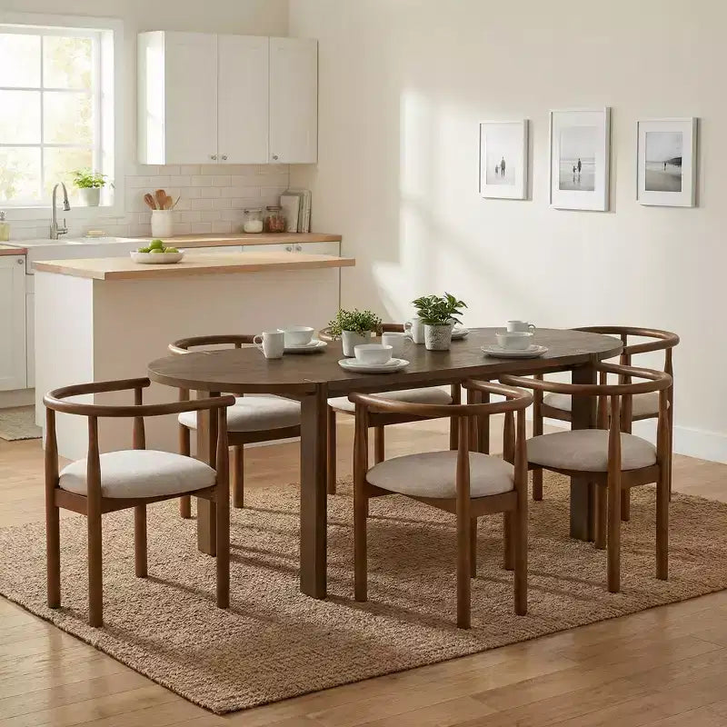 7pcs Oval Dining Table Set Dining Set for 6, 71'' Large Family Kitchen Table Set with 6 Padded Dining Chairs, Walnut - Christopher Knight Home